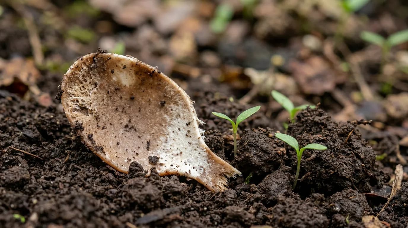 A biodegradable PHA spoon partially decomposed into rich garden compost soil with green sprouts nearby