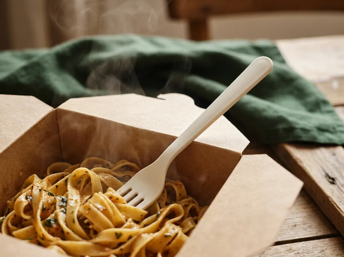 A biodegradable PHA fork resting in a hot takeout food container