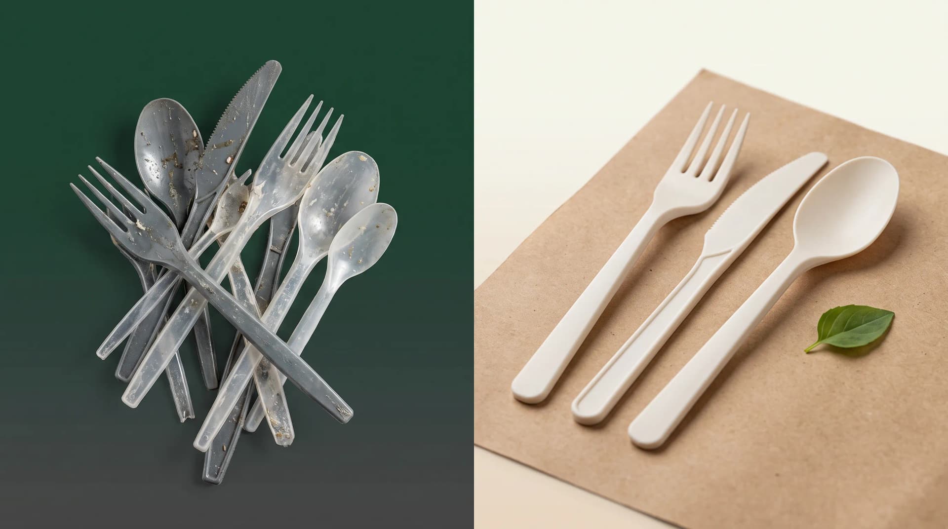 Discarded plastic forks, spoons, and knives beside clean biodegradable PHA utensils on natural kraft paper