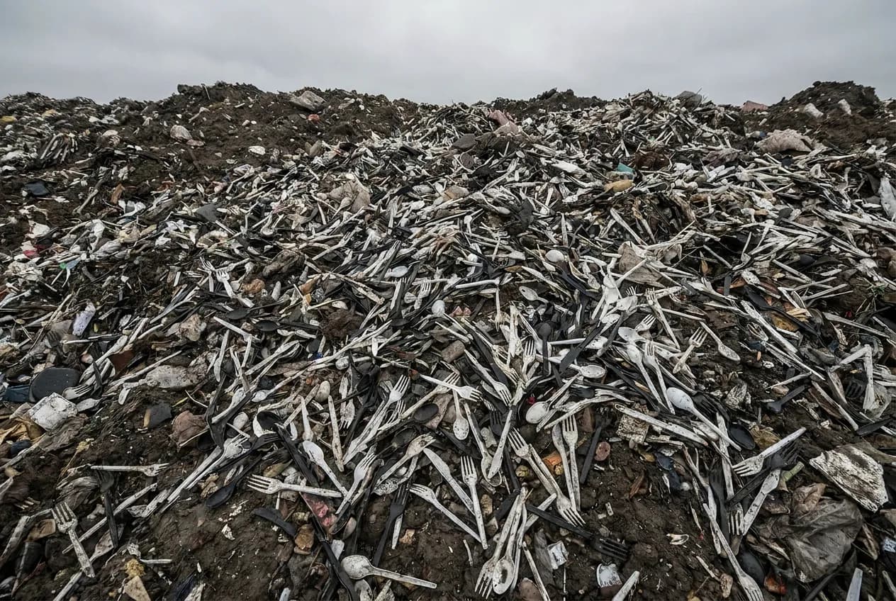 An overhead view of discarded plastic forks, spoons, and knives piled in a landfill