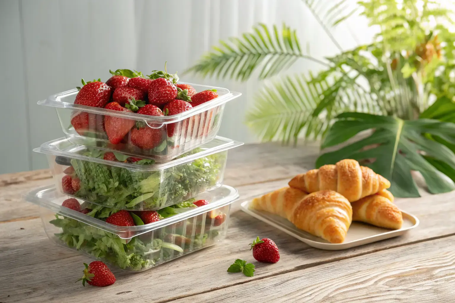 Crystal-clear PLA compostable clamshell containers filled with fresh strawberries and salad on a wooden table with tropical greenery