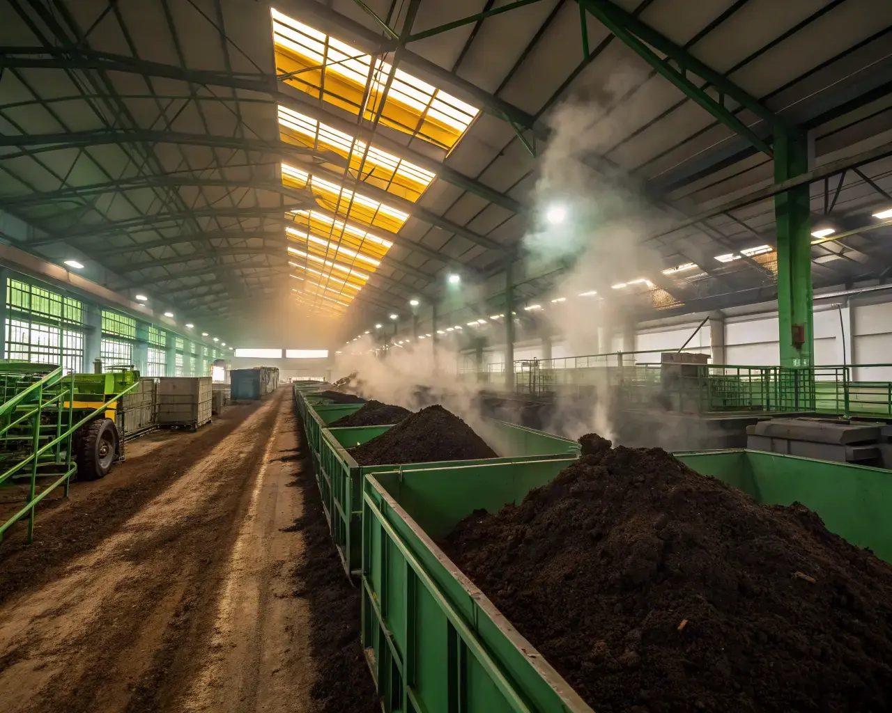 Industrial composting facility interior with rows of composting windrows, steam rising from organic material being processed in large green bins under skylights