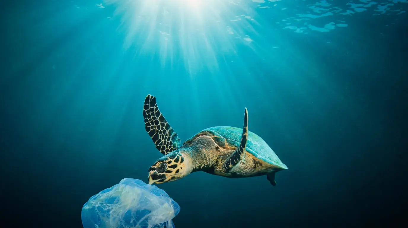 Sea turtle swimming underwater near a transparent plastic bag — representing the devastating impact of plastic packaging pollution on marine wildlife