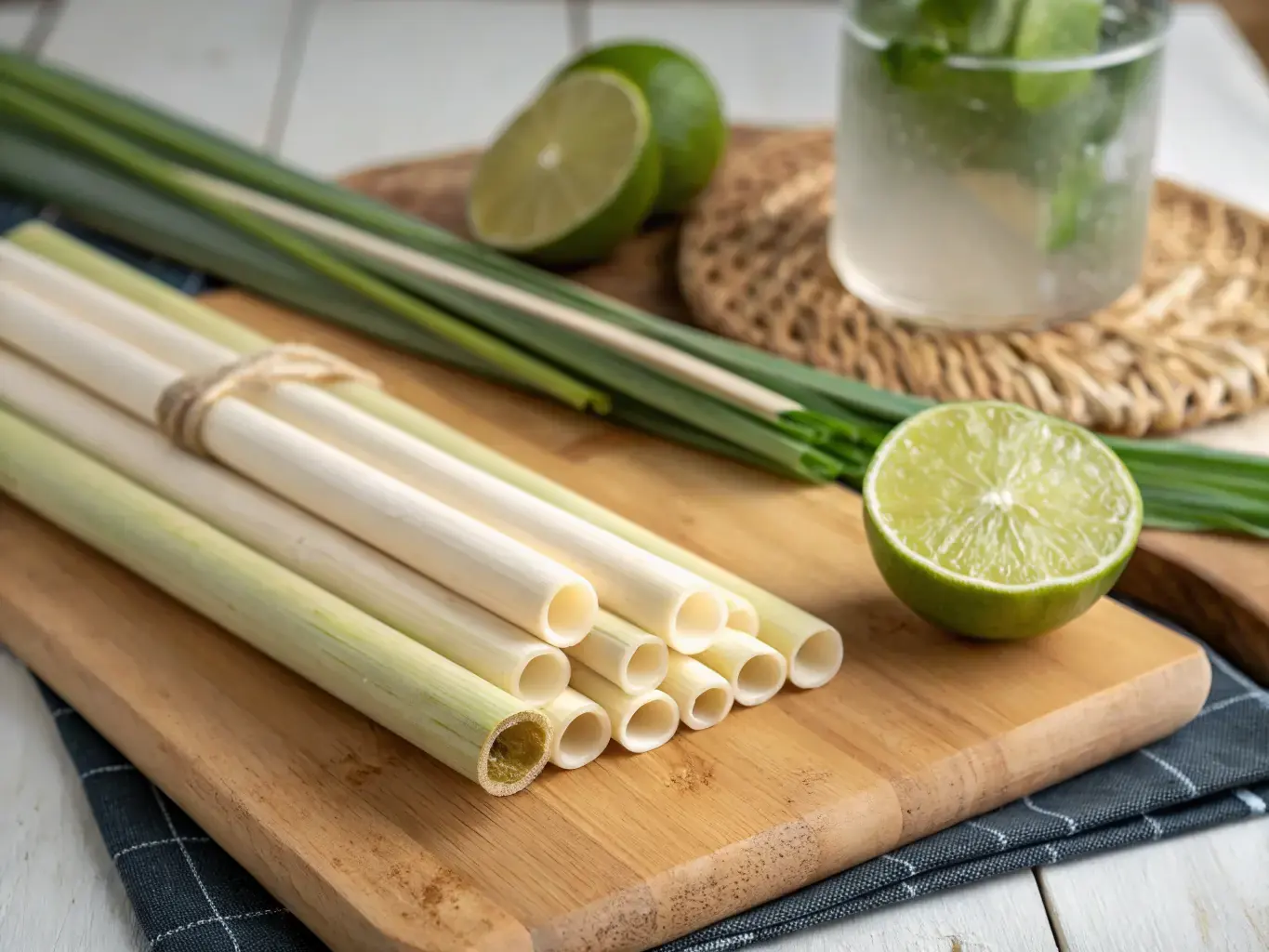 Biodegradable sugarcane straws on a wooden board with fresh lime — Pure Form Solution product innovation
