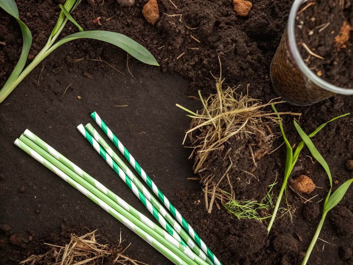 Biodegradable straws decomposing in compost soil surrounded by seedlings — end-of-life sustainability in action