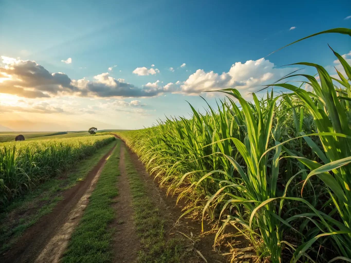 Lush green sugarcane field under a blue sky — the renewable raw material behind Pure Form Solution's biodegradable straws