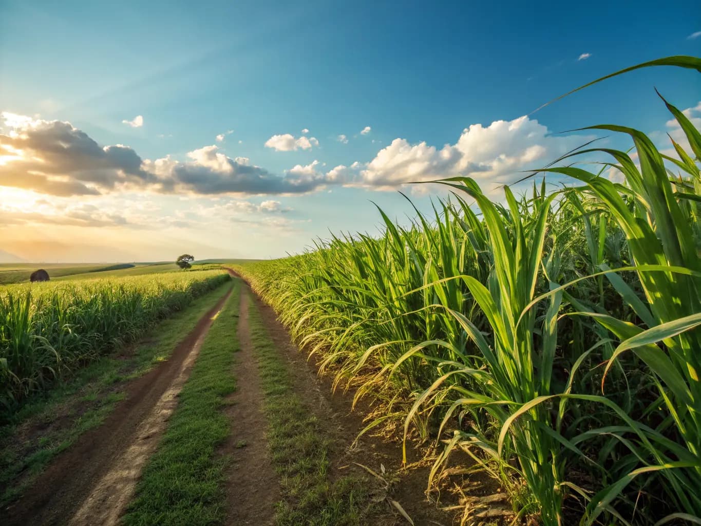 Lush green sugarcane field under a blue sky — the renewable raw material behind Pure Form Solution's biodegradable straws