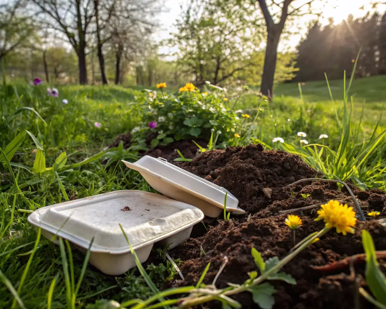 PLA clamshell boxes composting in garden soil — sustainable end of life for food packaging
