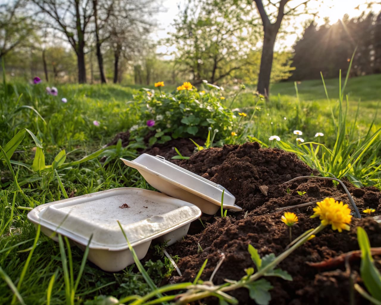 PLA clamshell boxes composting in garden soil — sustainable end of life for food packaging