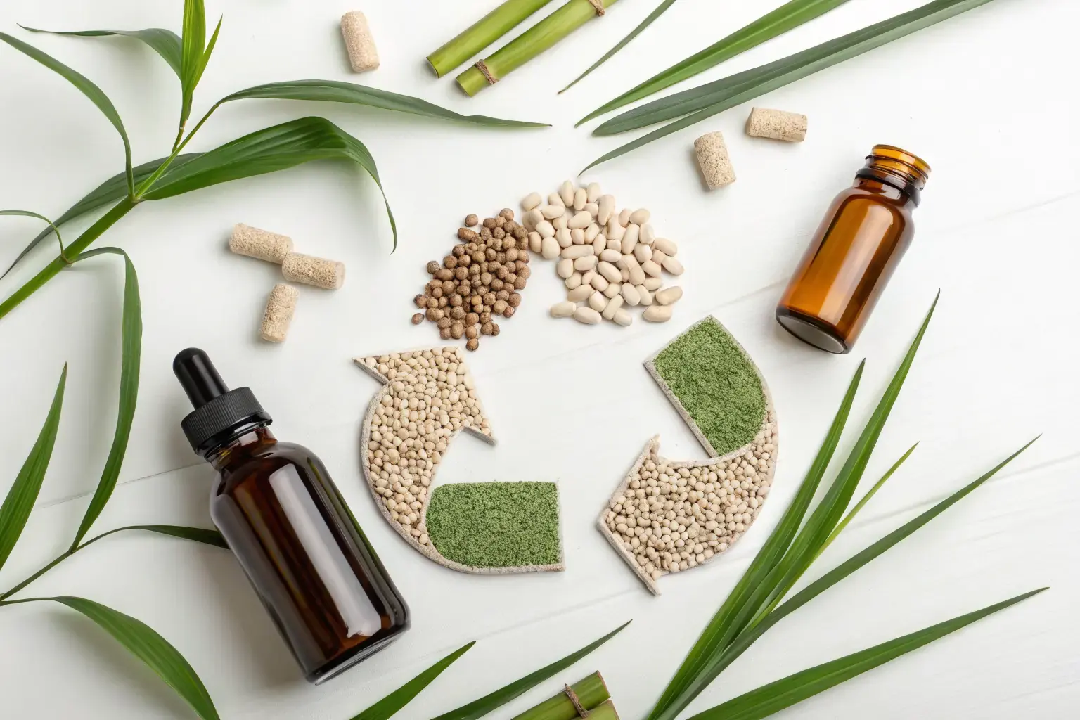 Circular economy concept with sugarcane materials and recycling symbol