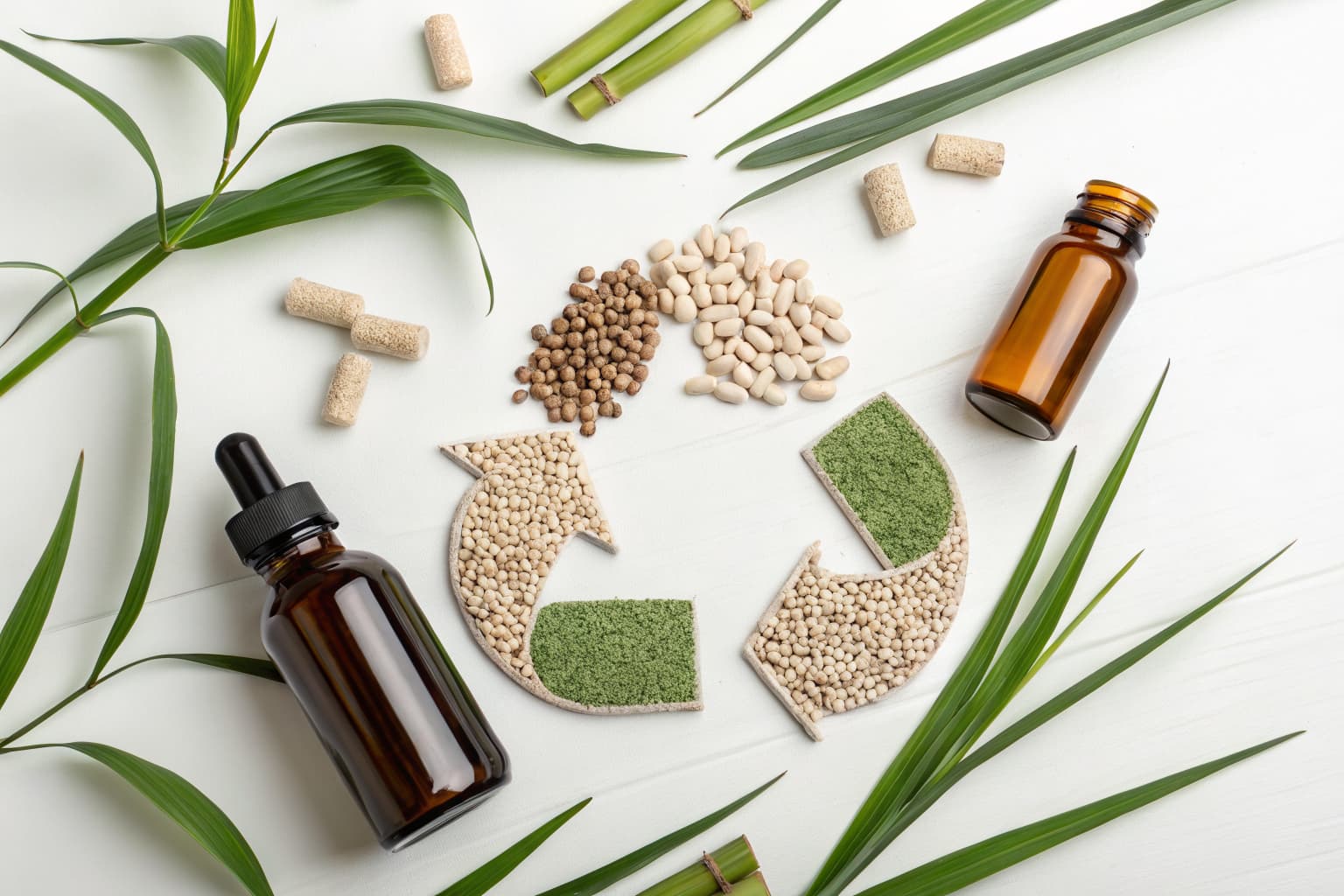 Circular economy concept with sugarcane materials and recycling symbol