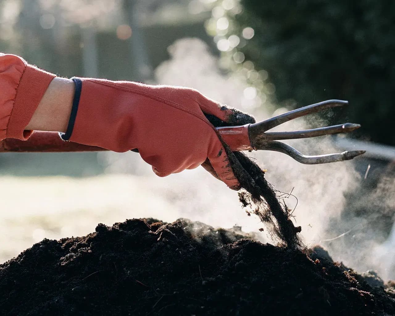 Gardening glove turning compost pile with a fork, revealing steaming dark rich compost with visible organic material