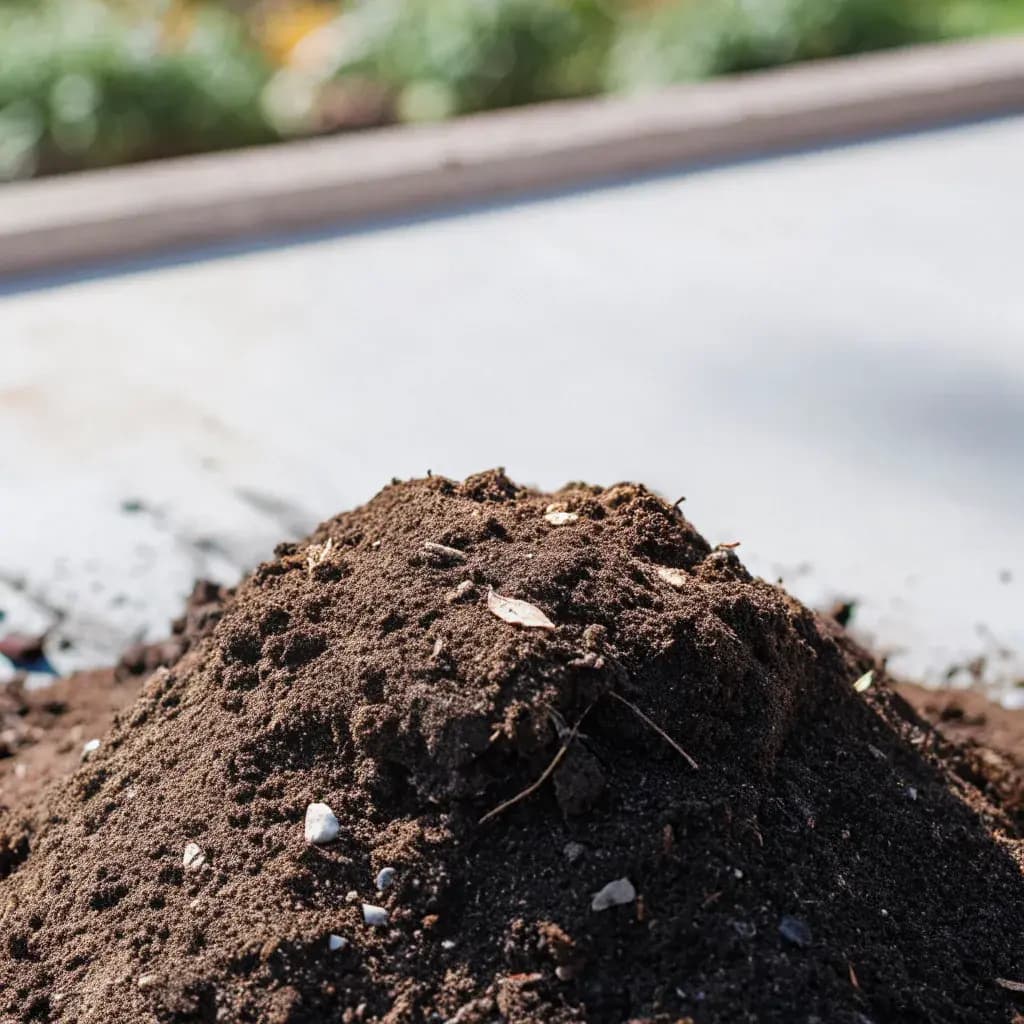 Mound of rich, dark finished compost with crumbly texture ready to use in garden beds