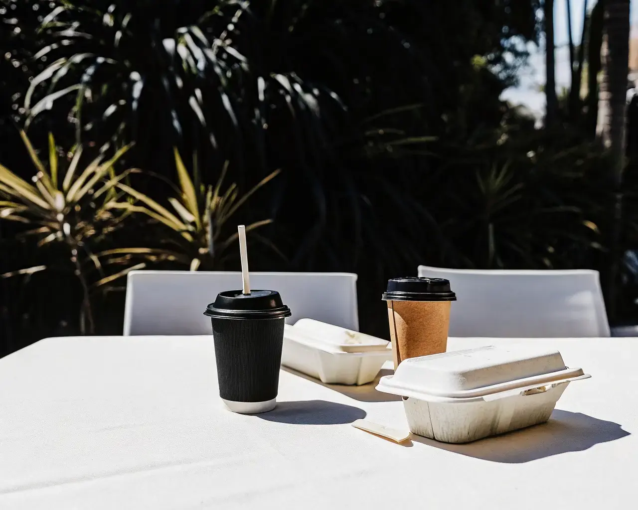 Hotel outdoor dining setup with compostable cups, straws, and clamshell containers