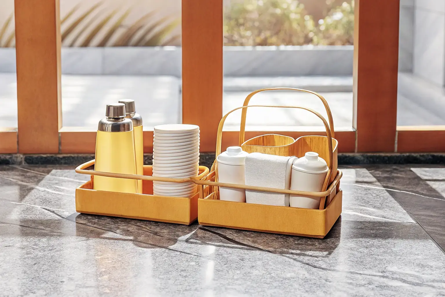 Luxury hotel sustainability setup with compostable amenities on marble countertop