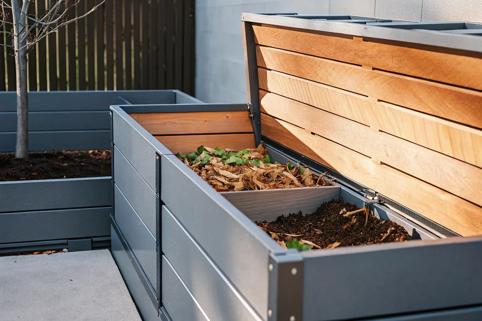 Wooden backyard compost bin open and filled with layered brown leaves and organic material, surrounded by lush garden