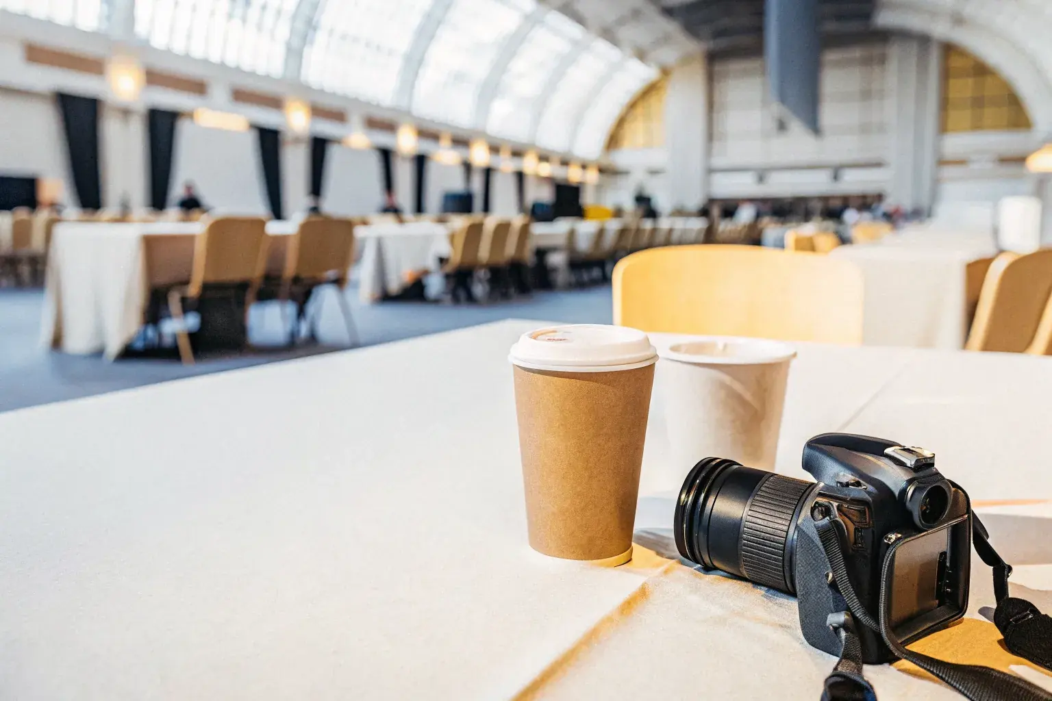 Convention center interior set with compostable serviceware, representing the institutional venues sustainability program