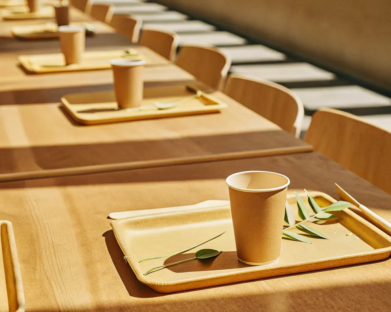 Compostable biodegradable cups and utensils on conference room tables at institutional venue