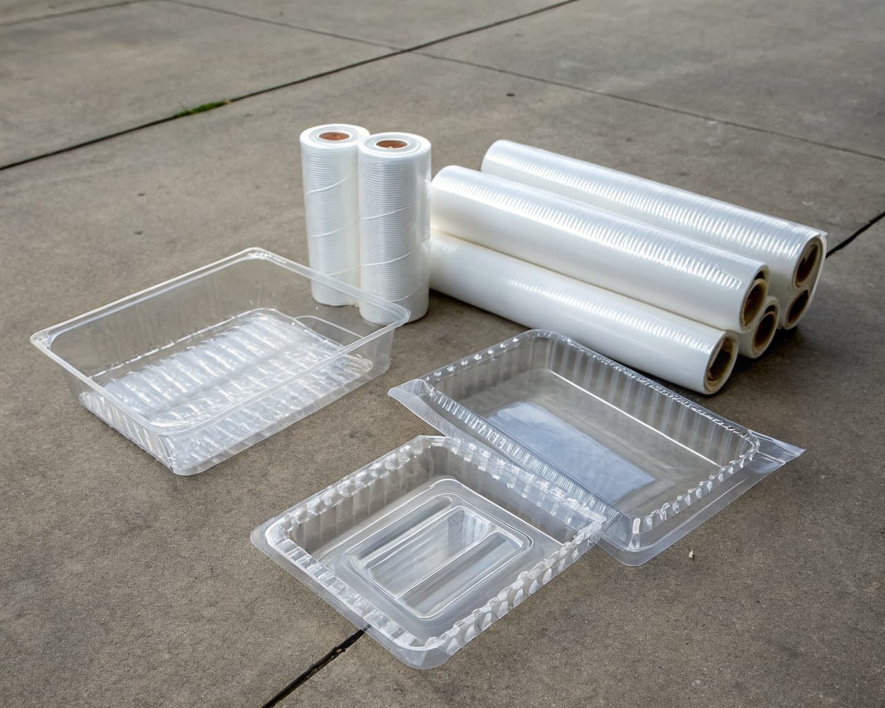 Empty plastic meat packaging trays and film wrap representing conventional meat packing waste
