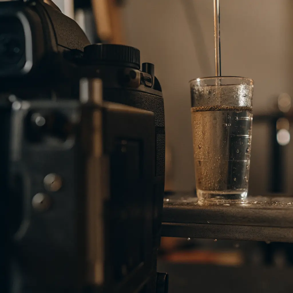 Glass of drinking water with contamination — microplastics have been detected in tap water and bottled water worldwide