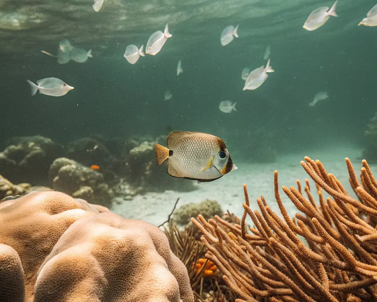 Tropical fish swimming through a threatened coral reef ecosystem — microplastic pollution endangers marine biodiversity worldwide