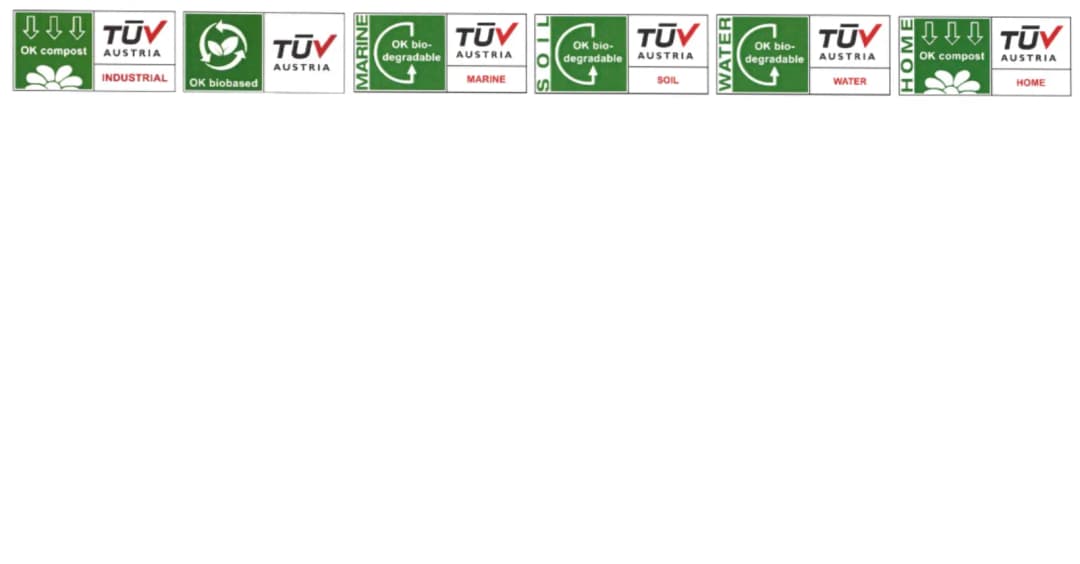 TÜV Austria certifications — OK compost, OK biobased, marine, soil, water biodegradable