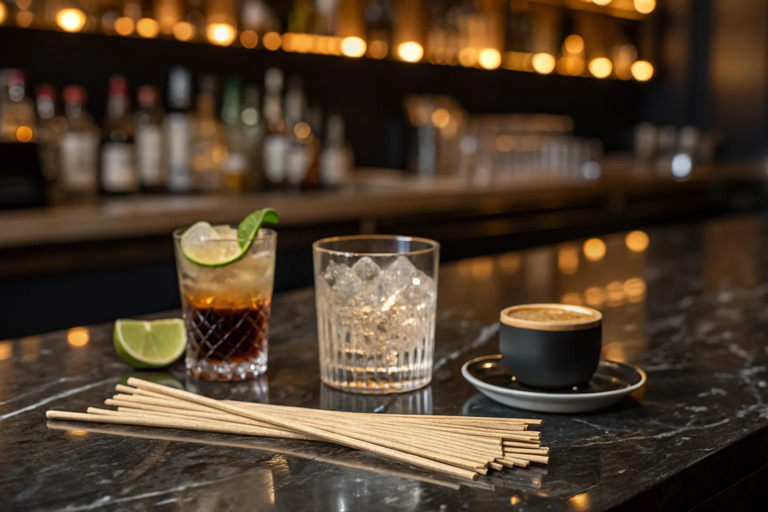 PHA biodegradable cocktail stirrers on dark marble bar surface beside cocktail glasses