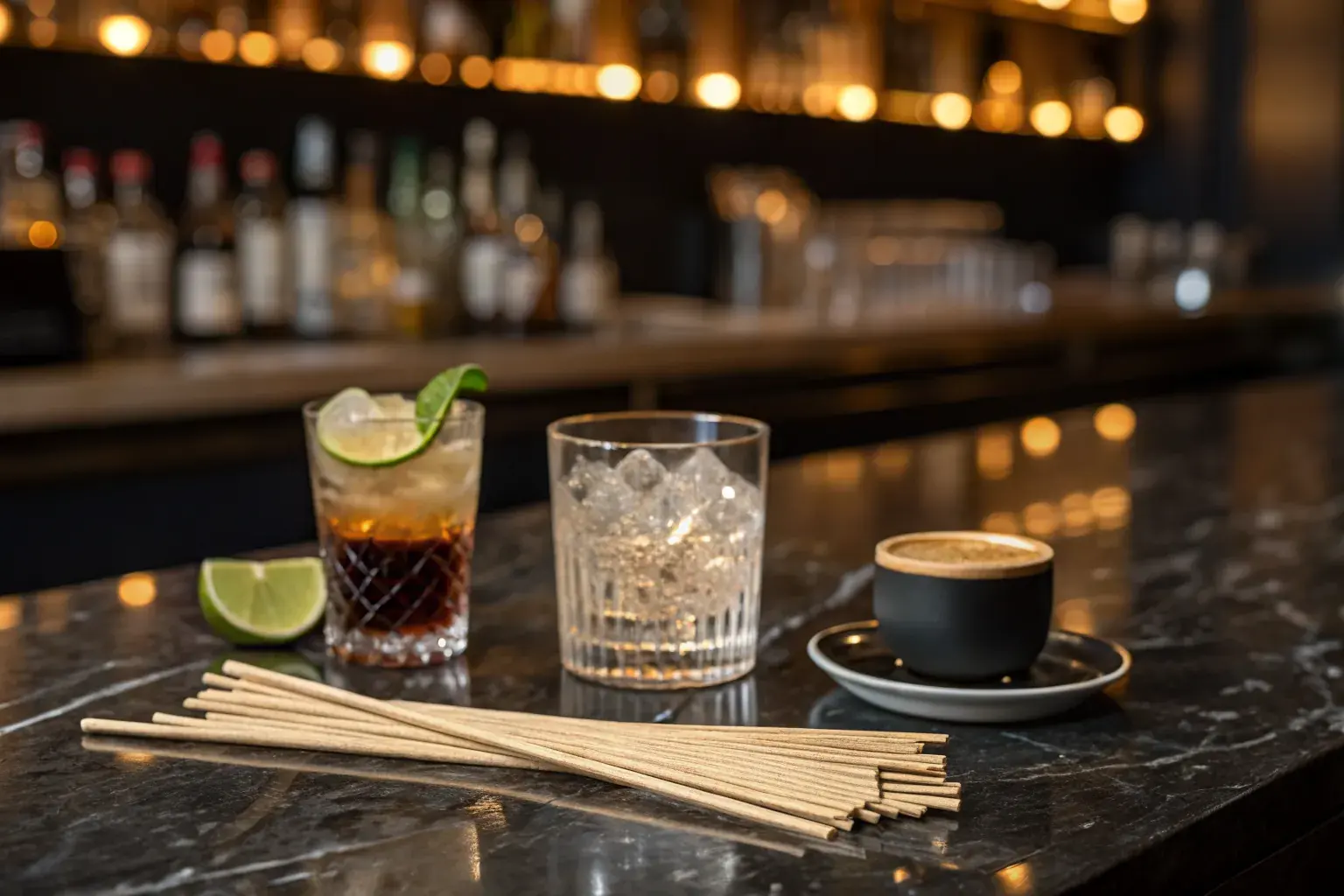 PHA biodegradable cocktail stirrers on dark marble bar surface beside cocktail glasses