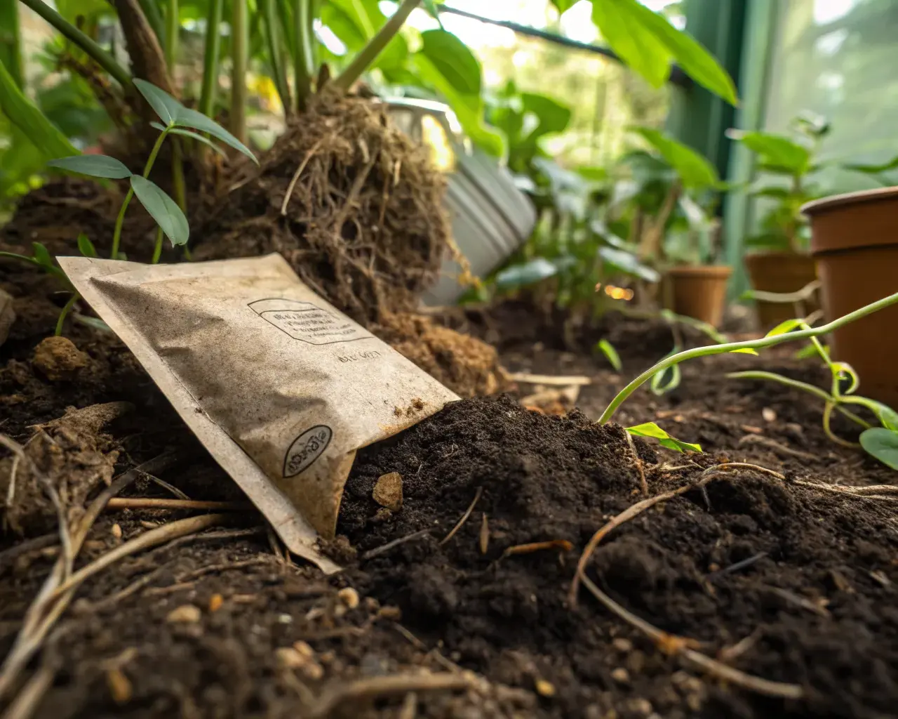 Biodegradable coffee bag decomposing naturally in rich compost soil surrounded by plants