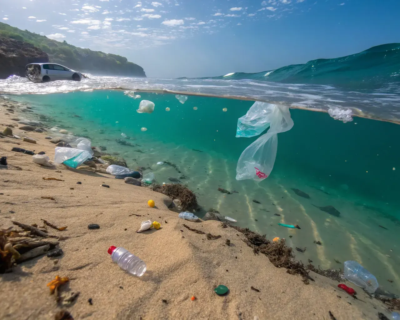 Plastic coffee packaging waste washed up on a beach shoreline