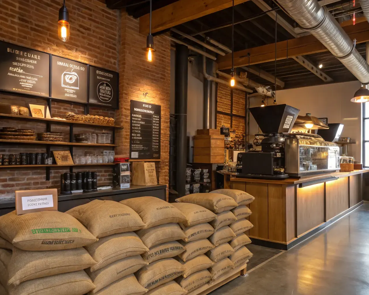 Interior of a boutique specialty coffee roastery with sustainable packaging