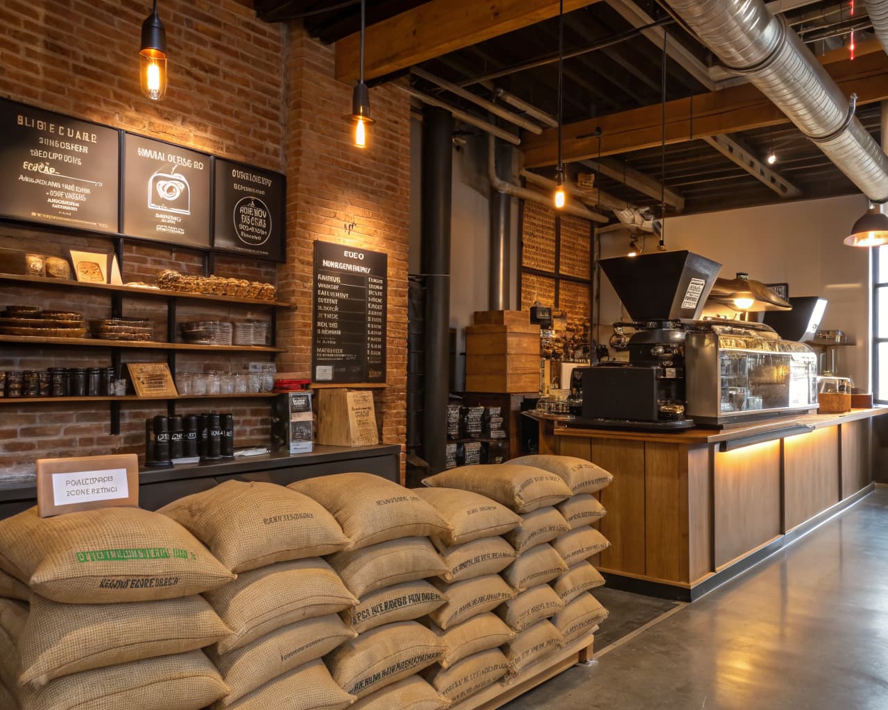Interior of a boutique specialty coffee roastery with industrial roasting equipment, burlap sacks of green coffee beans, and handcrafted wooden shelving — the environment where sustainable packaging decisions are made