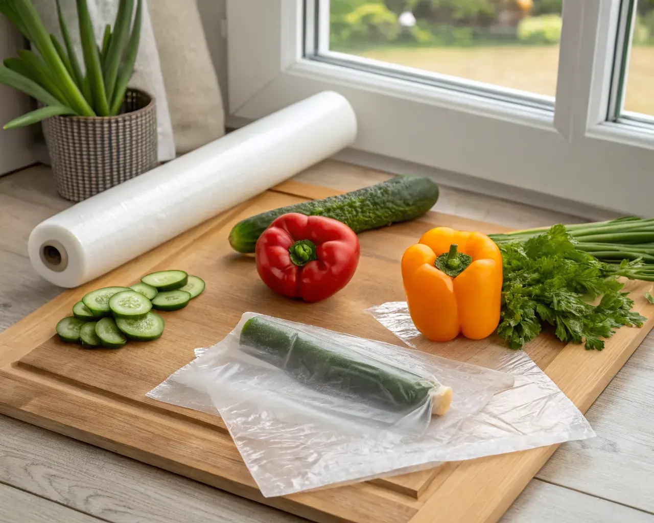 PHA biodegradable food wrap film and rolls covering fresh vegetables on a natural wood cutting board