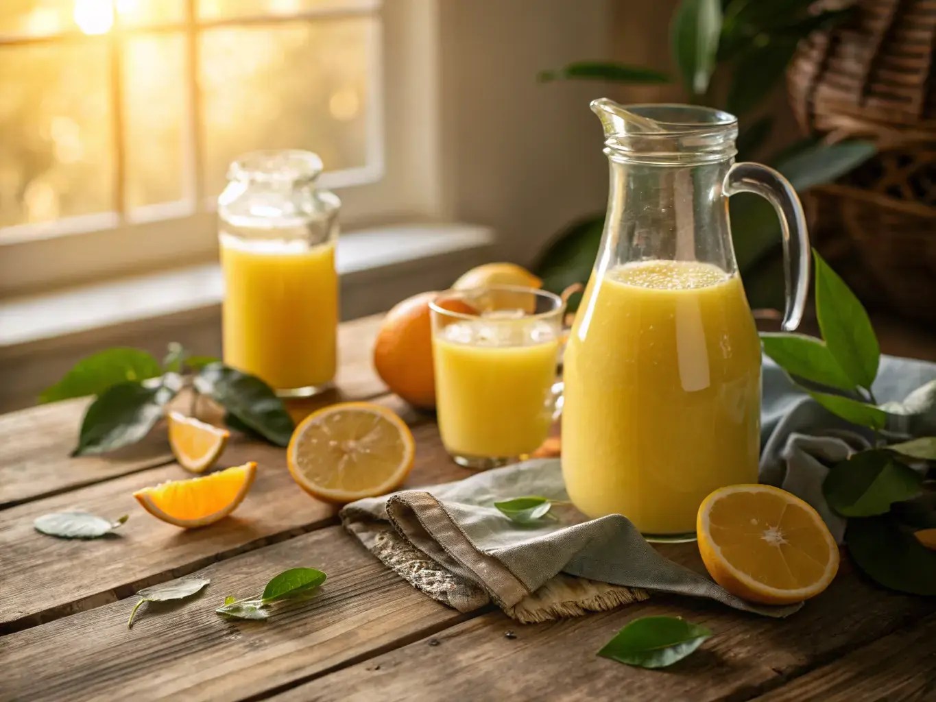 PHA biodegradable juice jug surrounded by fresh citrus fruits — eco-friendly packaging for fresh-pressed and pasteurized juice brands