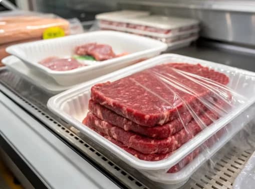 PHA biodegradable meat packing trays with fresh meat cuts on a marble surface