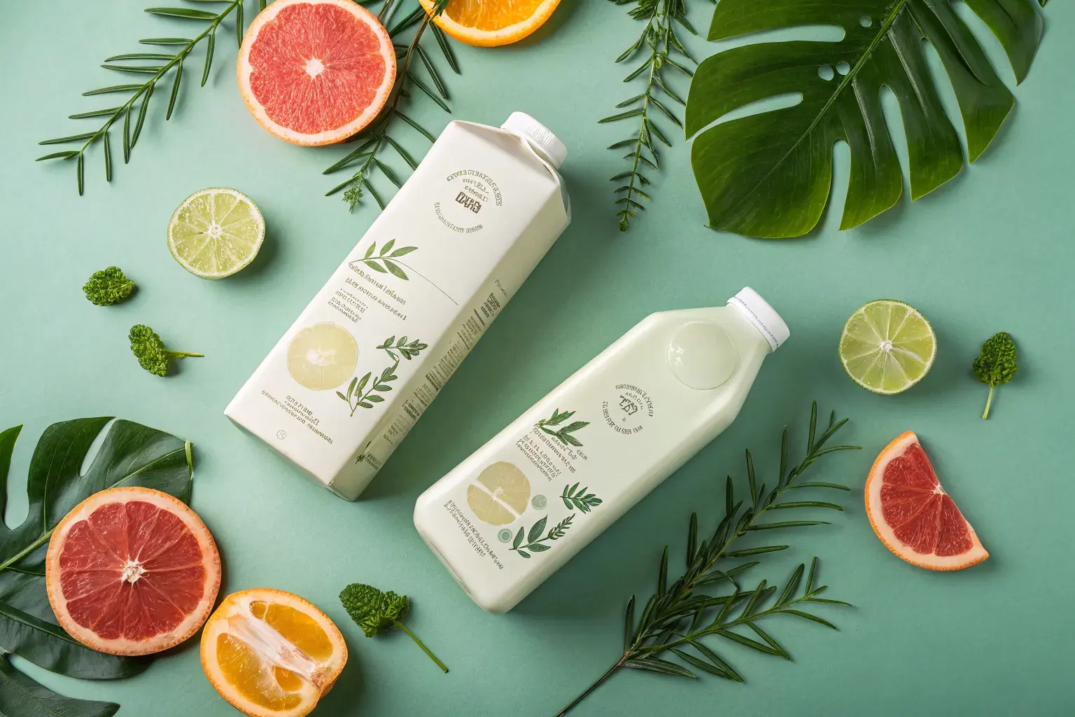 Eco-friendly biodegradable PHA juice and milk jugs with citrus fruits and tropical leaves