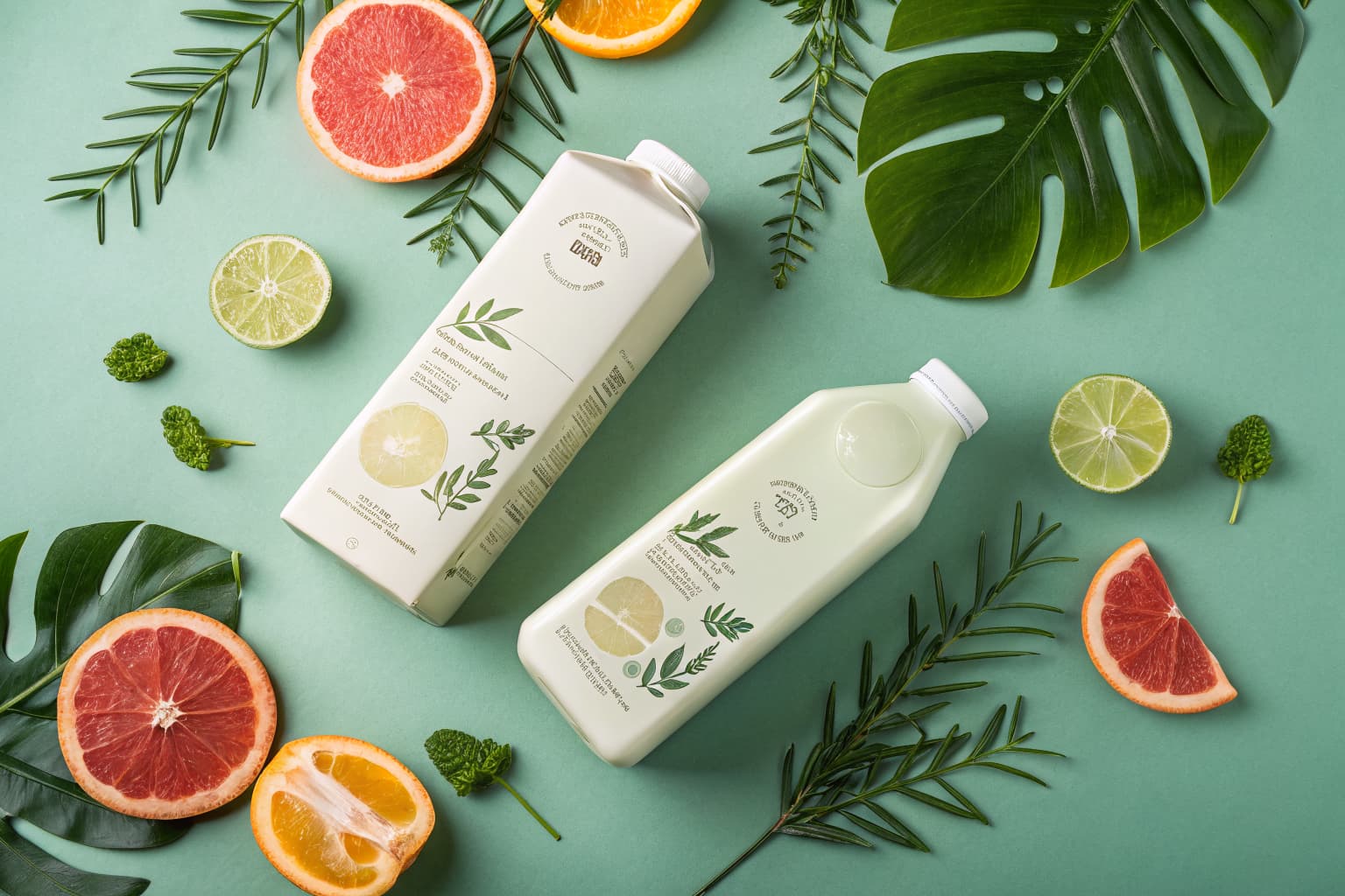Eco-friendly biodegradable PHA juice and milk jugs displayed with citrus fruits and tropical leaves — sustainable beverage packaging from Pure Form Solution