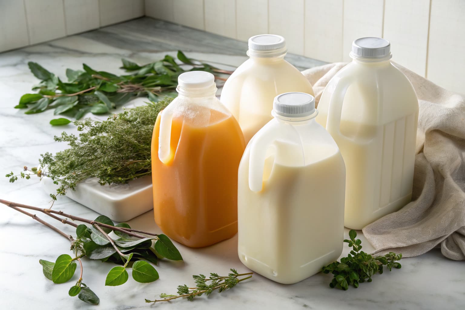 PHA biodegradable milk and juice jugs by Pure Form Solution — sustainable alternative to HDPE plastic
