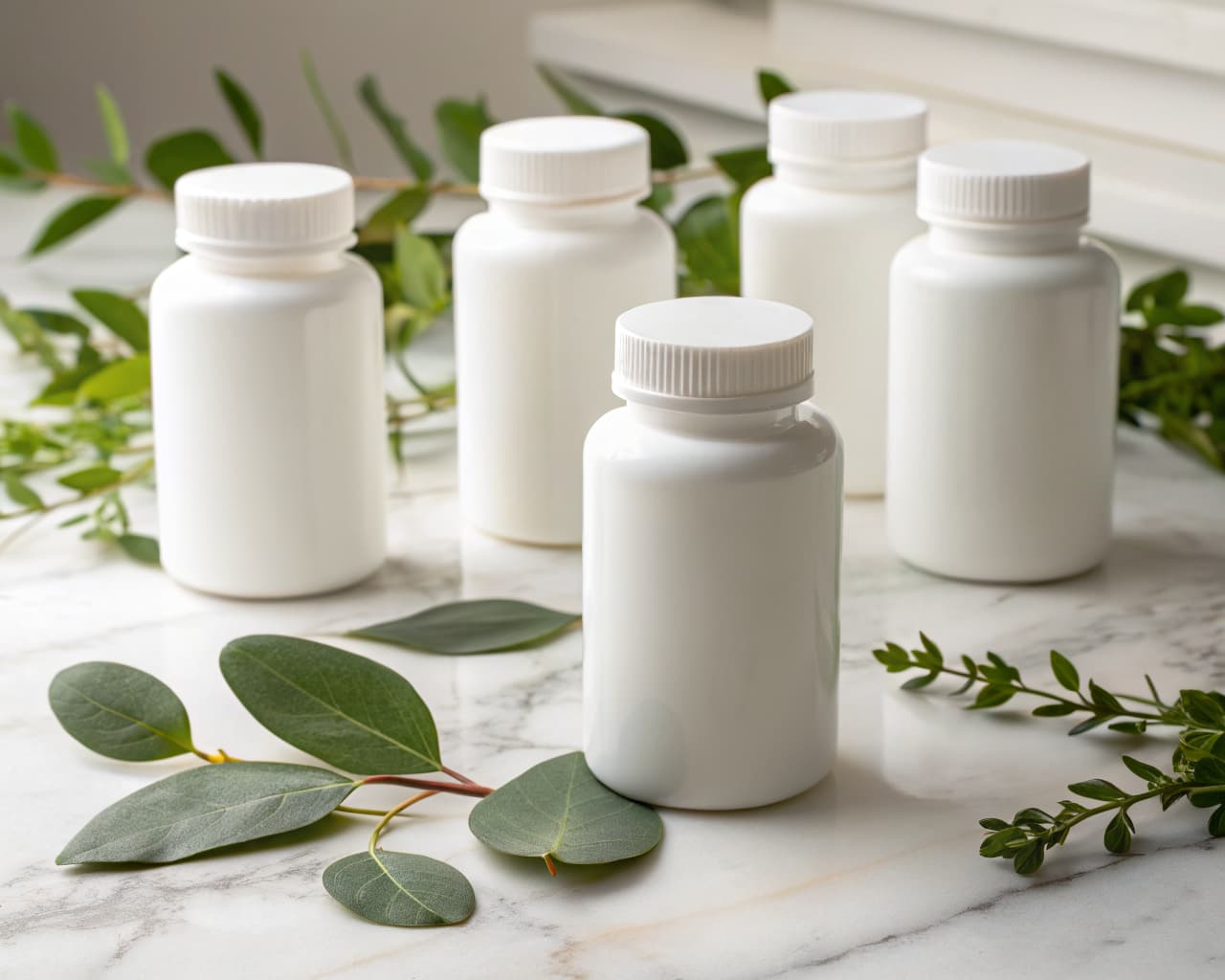 PHA biodegradable packer bottles on a marble surface with eucalyptus leaves