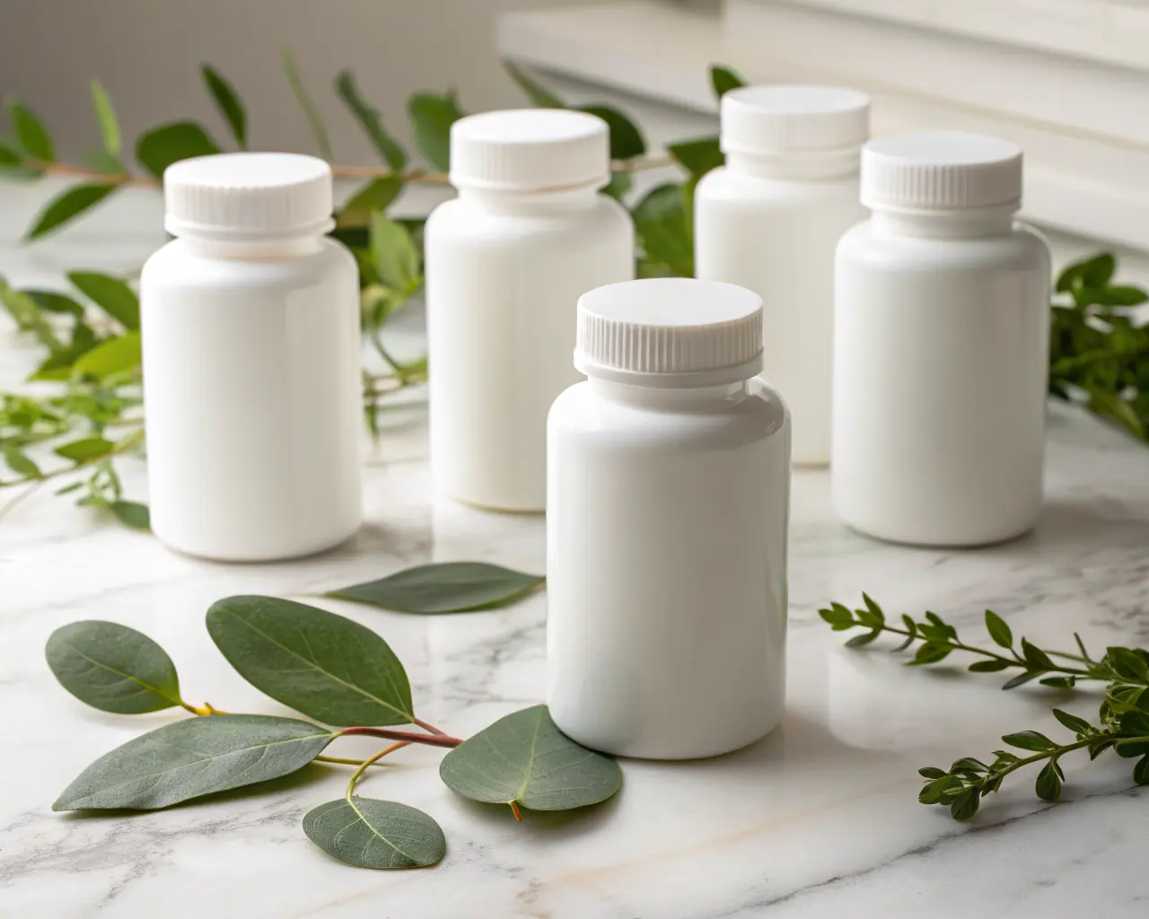 PHA biodegradable packer bottles on a marble surface with eucalyptus leaves
