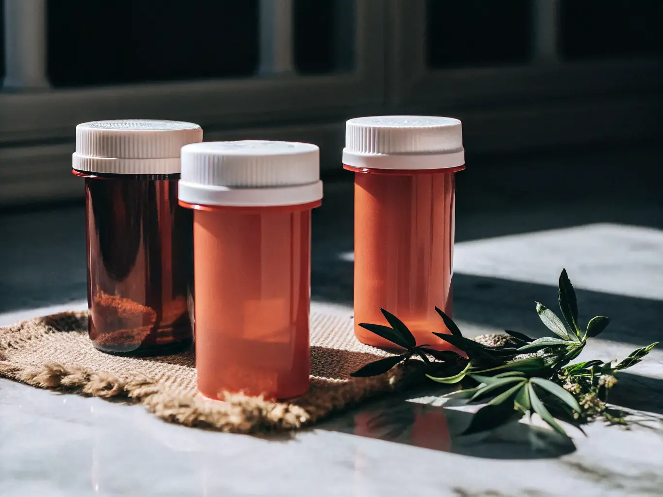 PHA biodegradable pill bottles on a marble surface with plant leaves
