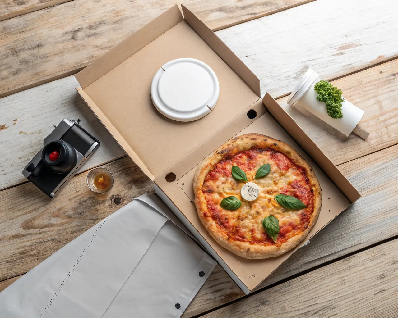 Pizza saver in a cardboard pizza box holding a fresh margherita pizza