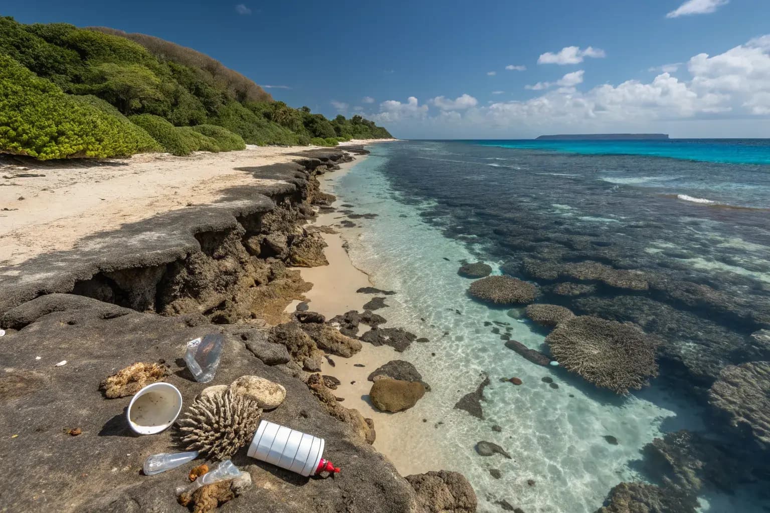 Plastic container waste washed up on a tropical shoreline with coral reef visible in the clear water