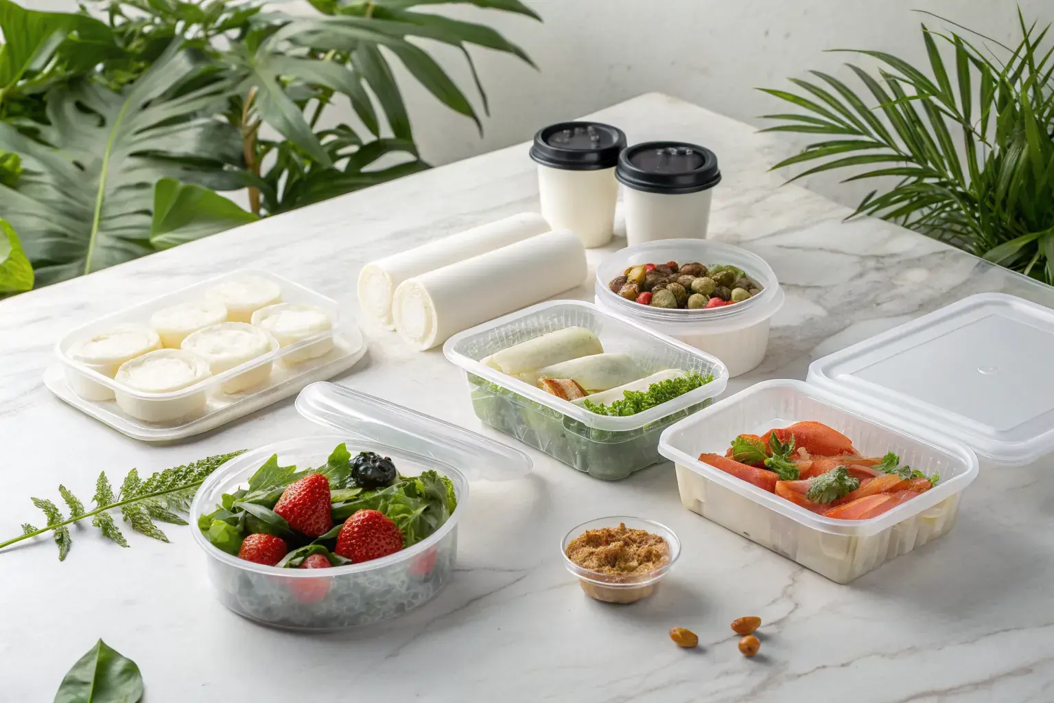 Collection of PHA biodegradable rigid and flexible containers on a marble surface with tropical plants