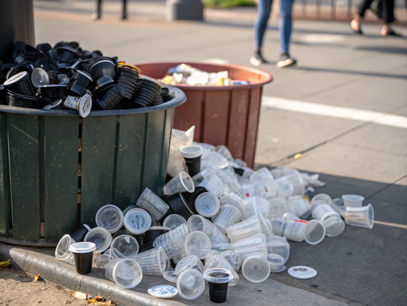 Discarded plastic souffle and portion cups overflowing from a waste bin
