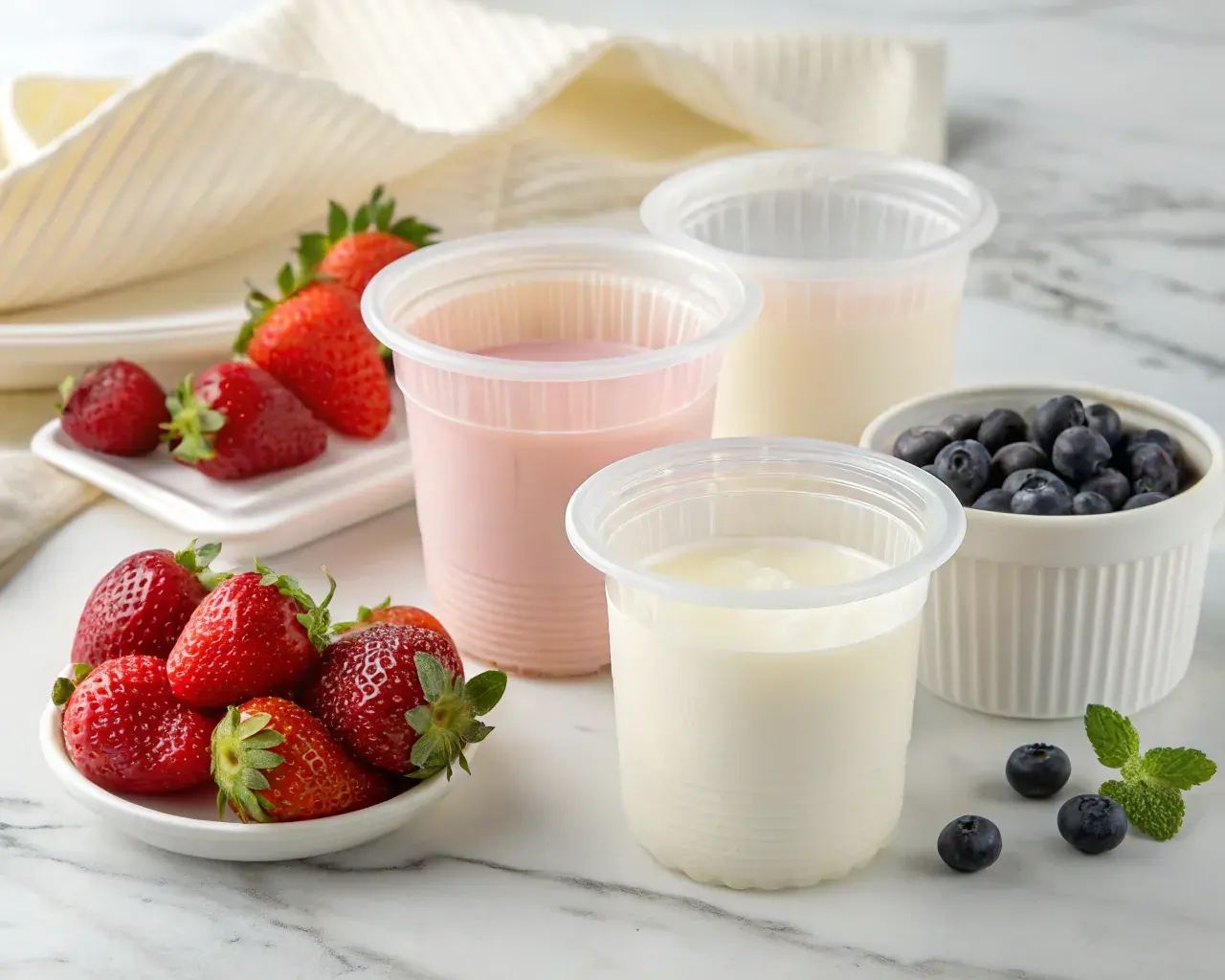 PHA biodegradable yogurt containers with fresh strawberries and blueberries on a marble surface