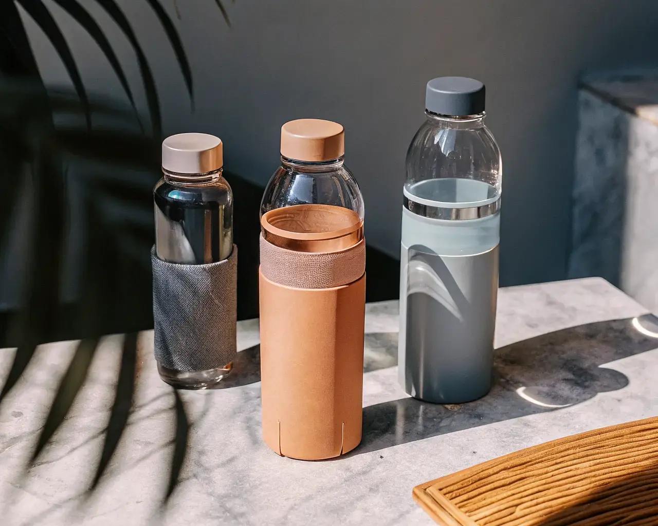 PLA and PHA plant-based water bottles on a marble surface