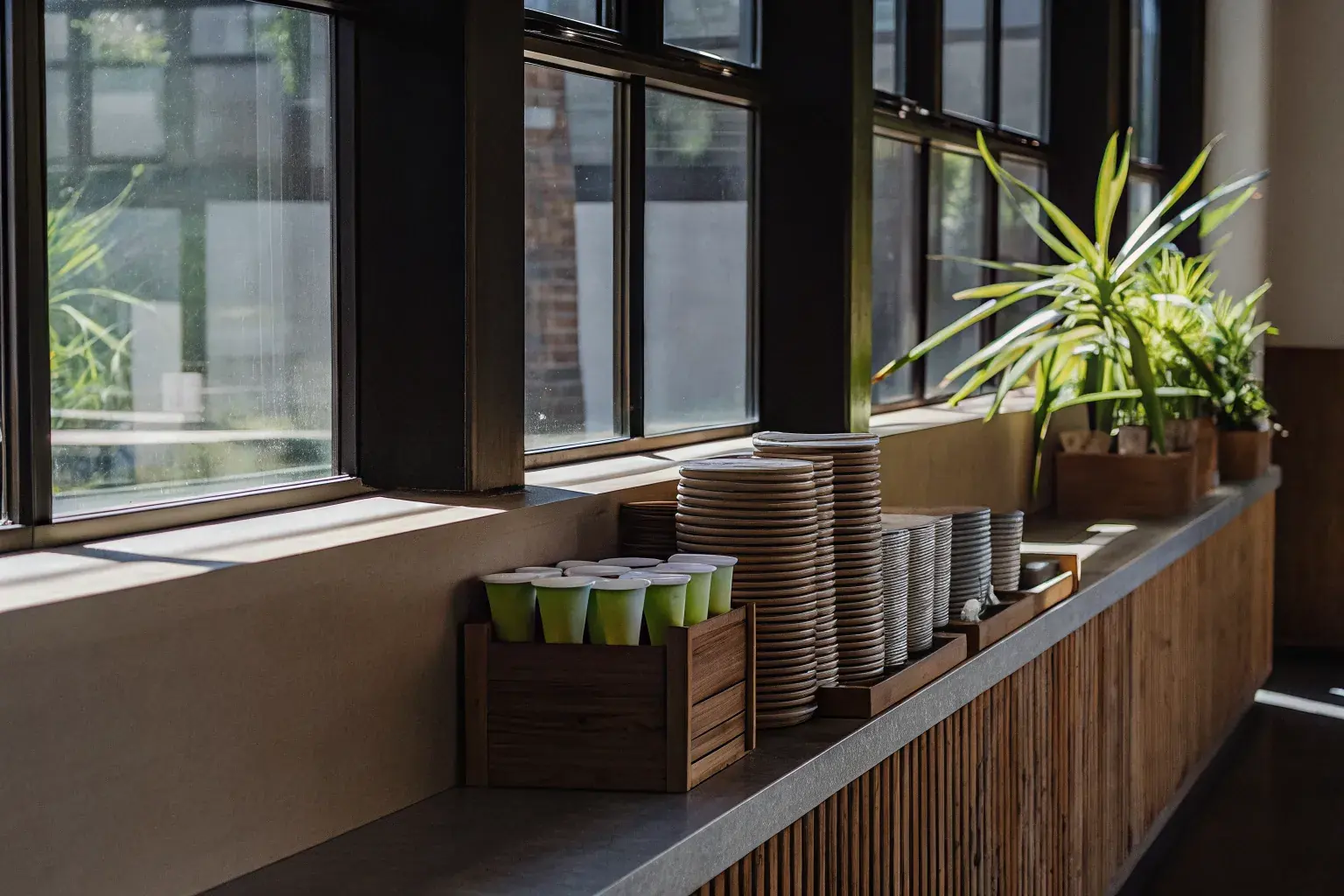 Modern campus dining area with eco-friendly compostable cups and sustainable serviceware by large windows