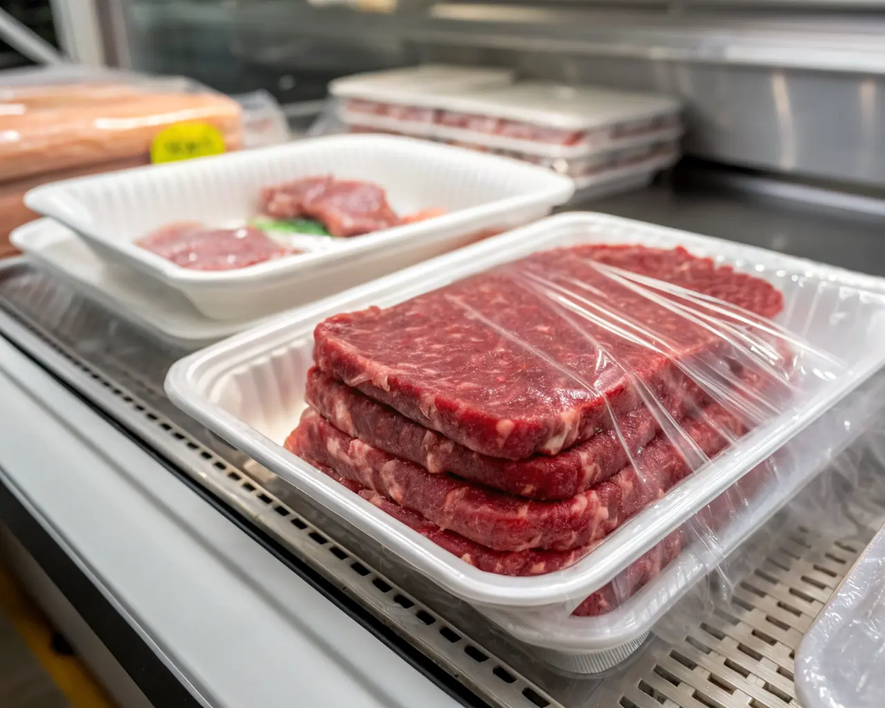 Raw meat packed in white styrofoam polystyrene trays wrapped in plastic film at a grocery meat counter