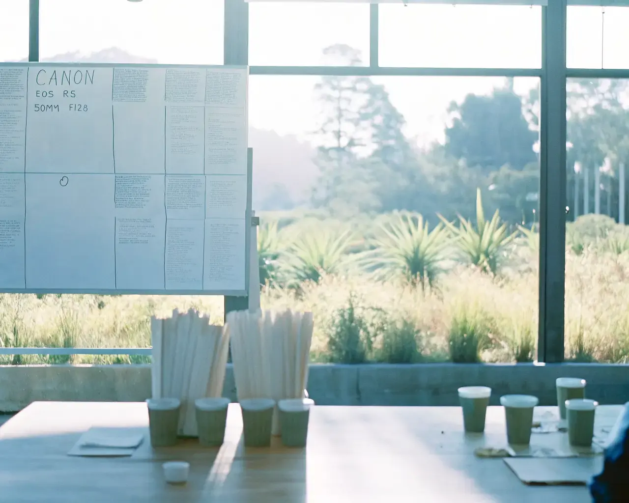 Sustainability planning session with compostable cups and straws on a desk overlooking a garden